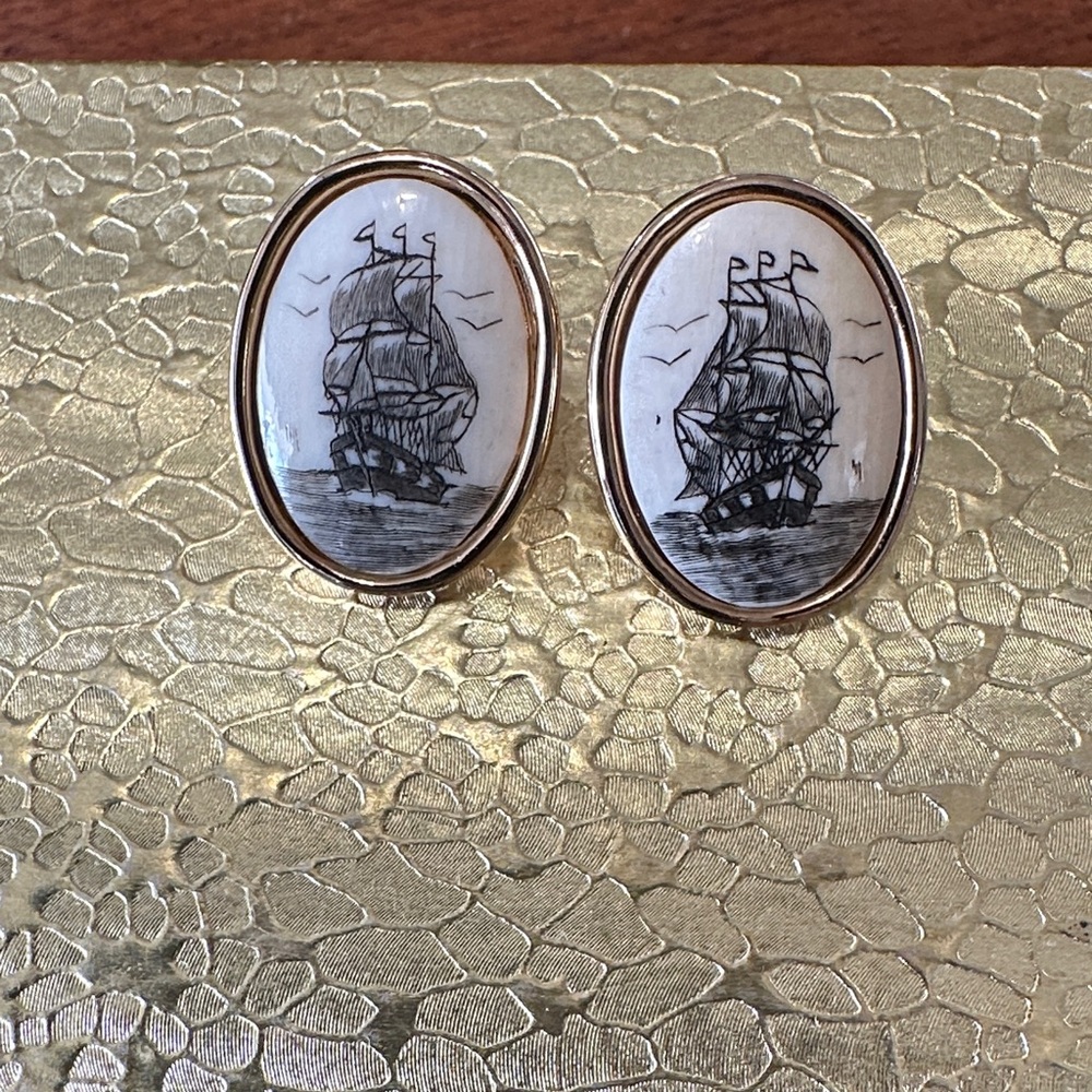 Vintage Scrimshaw Masted Schooner Art Pierced Earrings